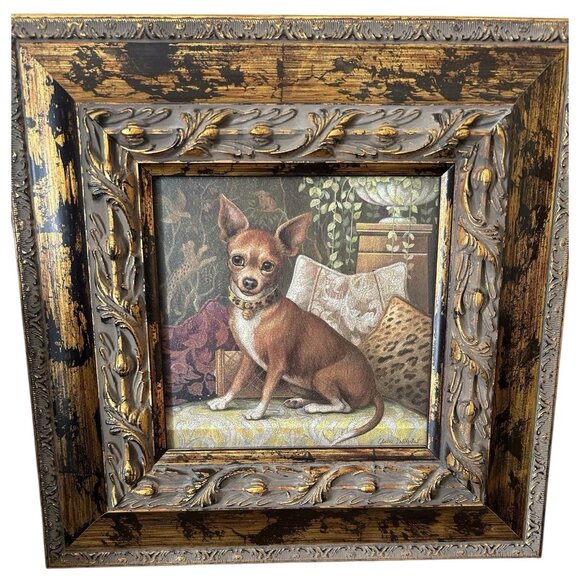 Pampered Chihuahua Dog Print NY Artist Elaine Vollherbst Matted Ornate Frame 13" - Picture 1 of 13